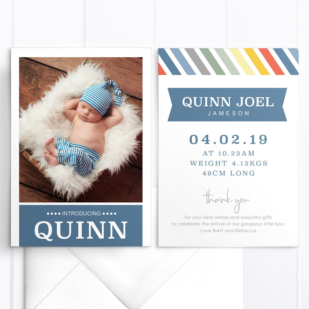 Funky baby boy birth announcement card, 1 photo, stripes, double sided