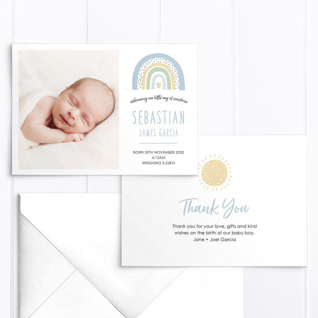 Cute baby boy photo birth announcement card designed single or double sided featuring multicolour boho rainbow