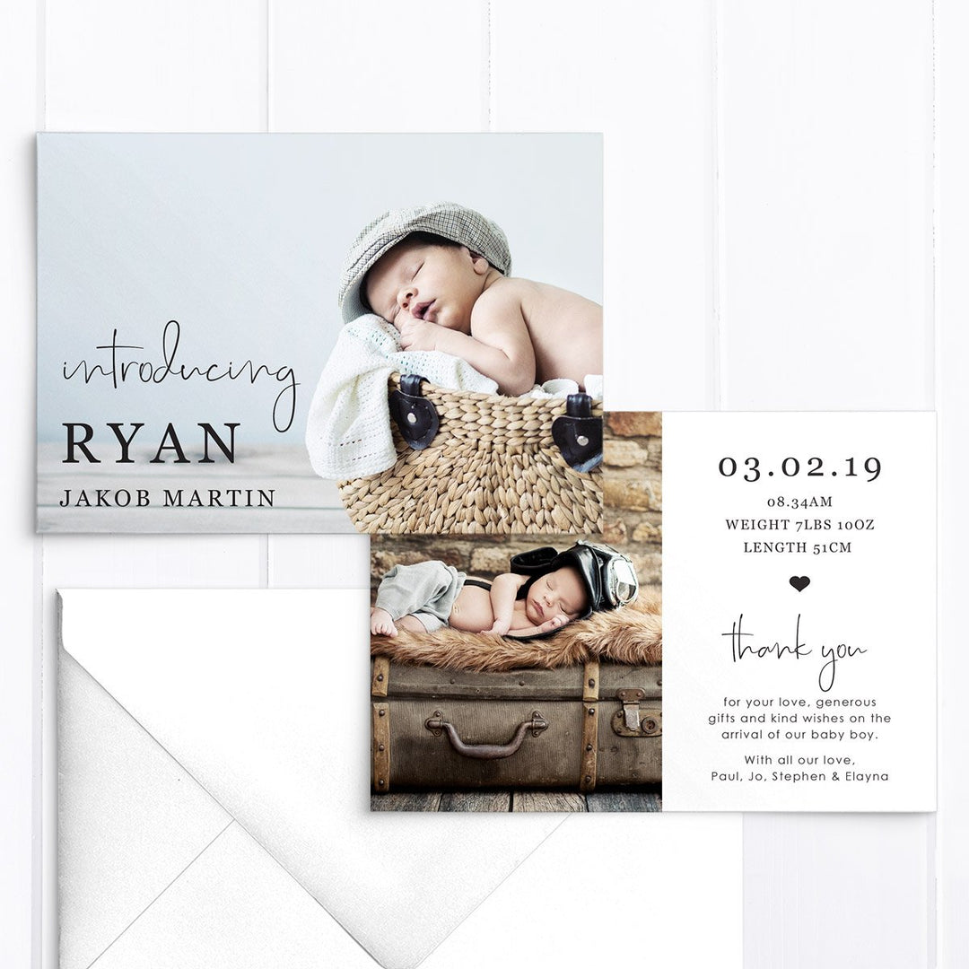 Baby boy birth announcement card, 2 photos, soft blue, modern calligraphy