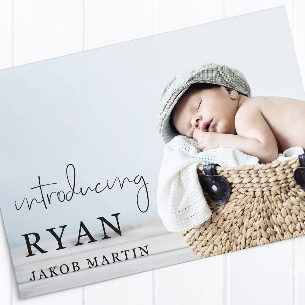 Baby boy birth announcement card, 2 photos, soft blue, modern calligraphy