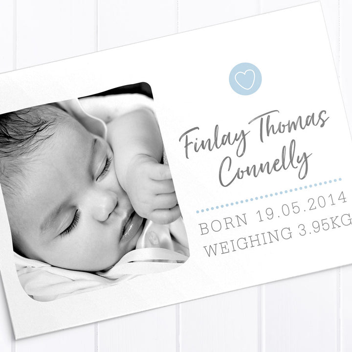 Photo baby boy birth announcement card, colourful spot background