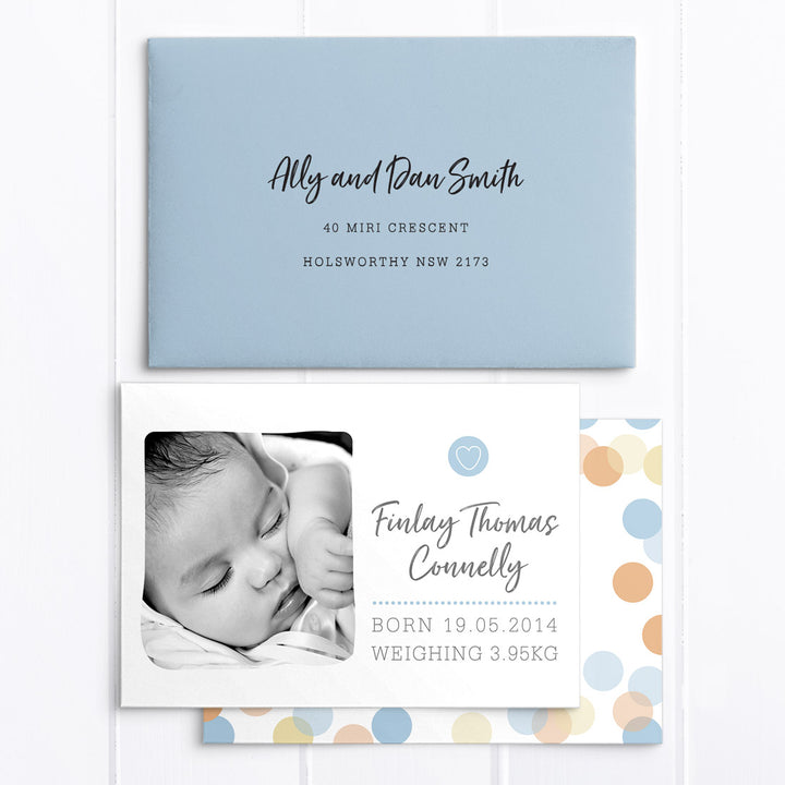 Photo baby boy birth announcement card, colourful spot background