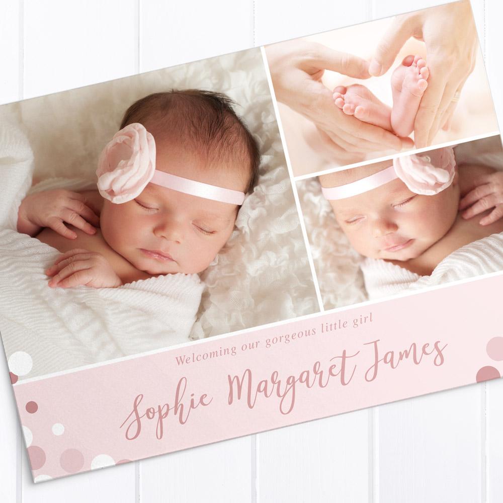 Pink baby girl photo birth announcement card with 3 photos