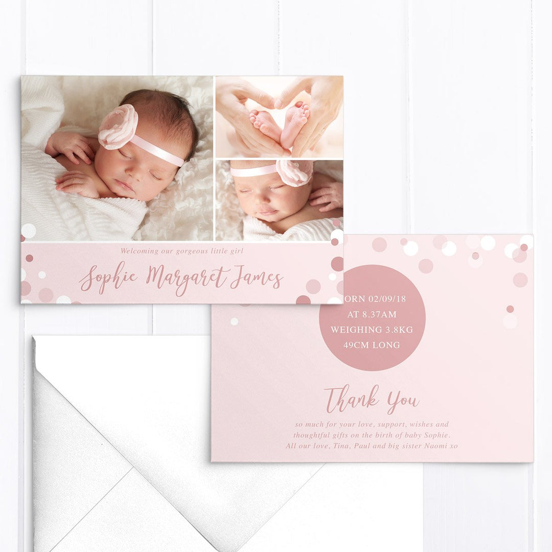 Pink baby girl photo birth announcement card with 3 photos