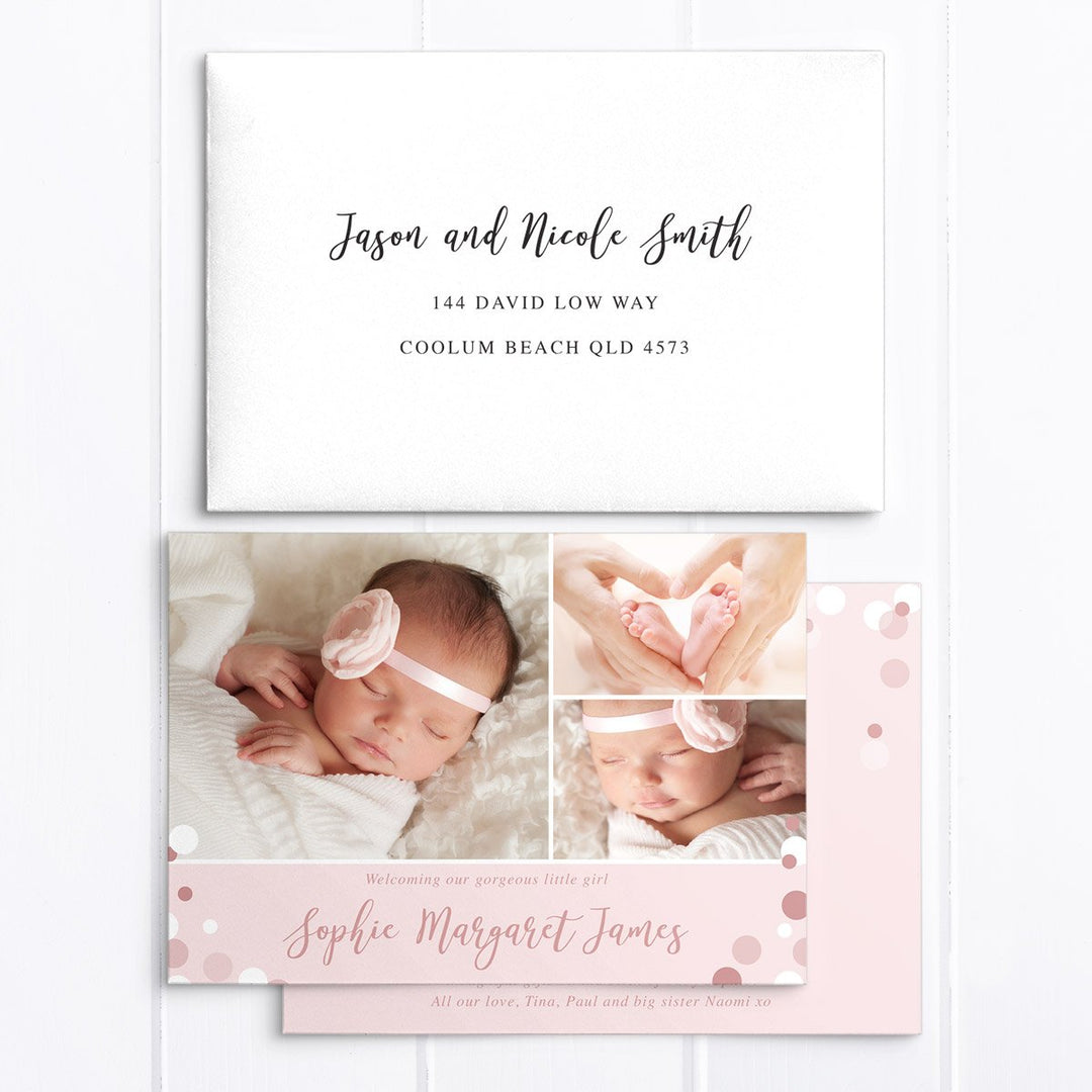 Pink baby girl photo birth announcement card with 3 photos
