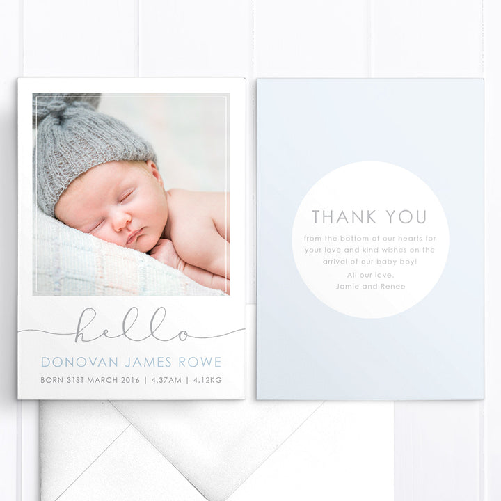 Baby boy photo birth announcement card with large hello, double sided card