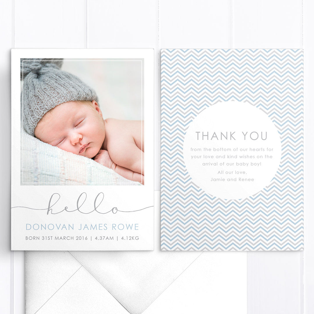 Baby boy photo birth announcement card with large hello, double sided card