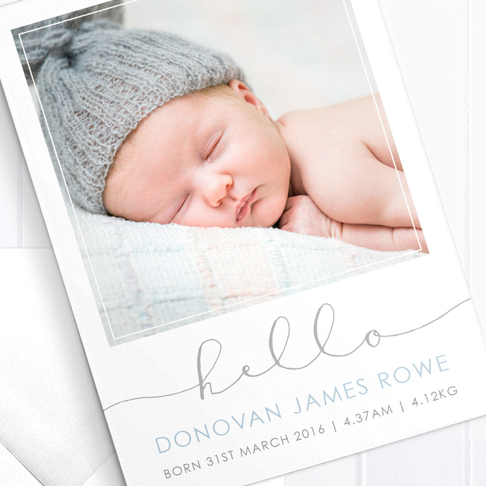 Baby boy photo birth announcement card with large hello, double sided card