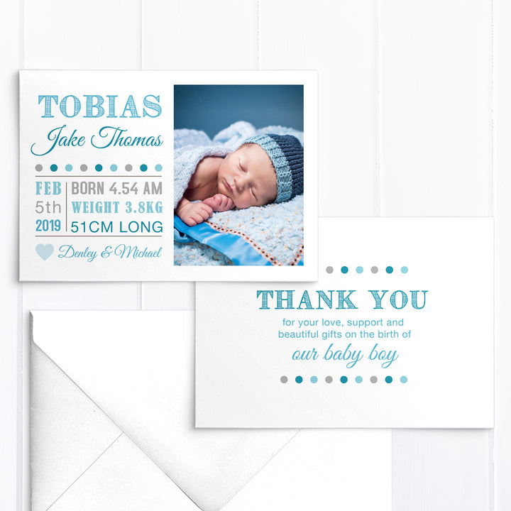 Photo baby birth announcement card, modern bright blue double sided