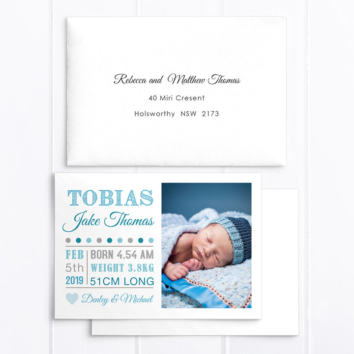 Photo baby birth announcement card, modern bright blue double sided