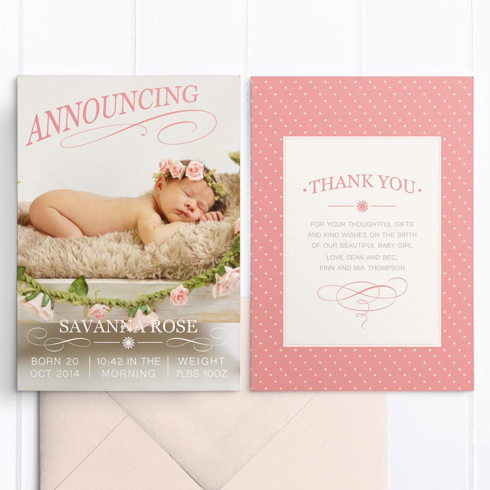 Baby girl announcement card with photo and vintage flourishes