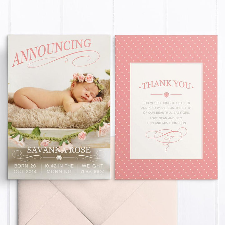 Baby girl announcement card with photo and vintage flourishes