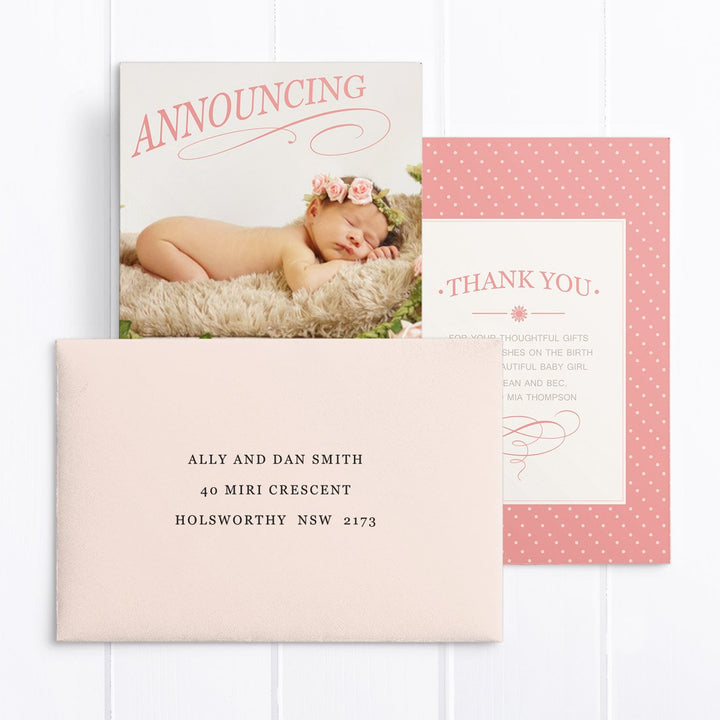 Baby girl announcement card with photo and vintage flourishes