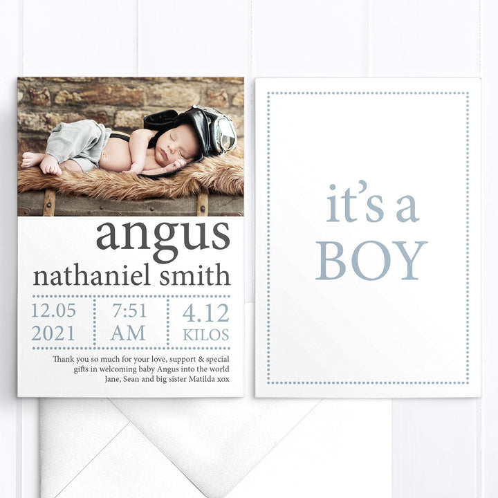 Modern baby boy birth announcement thank you card, large text and a photo of your baby with date of birth and thank you message.