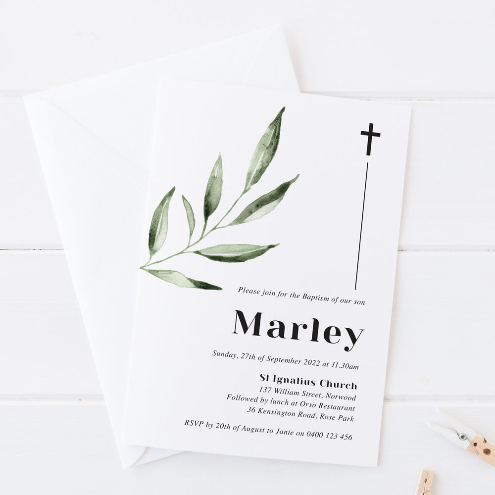 Modern Boy Christening, Baptism or Religious Celebration invitation with green olive leaf and bold typography for name. Designed in Australia. Printed or Budget printable invitations.