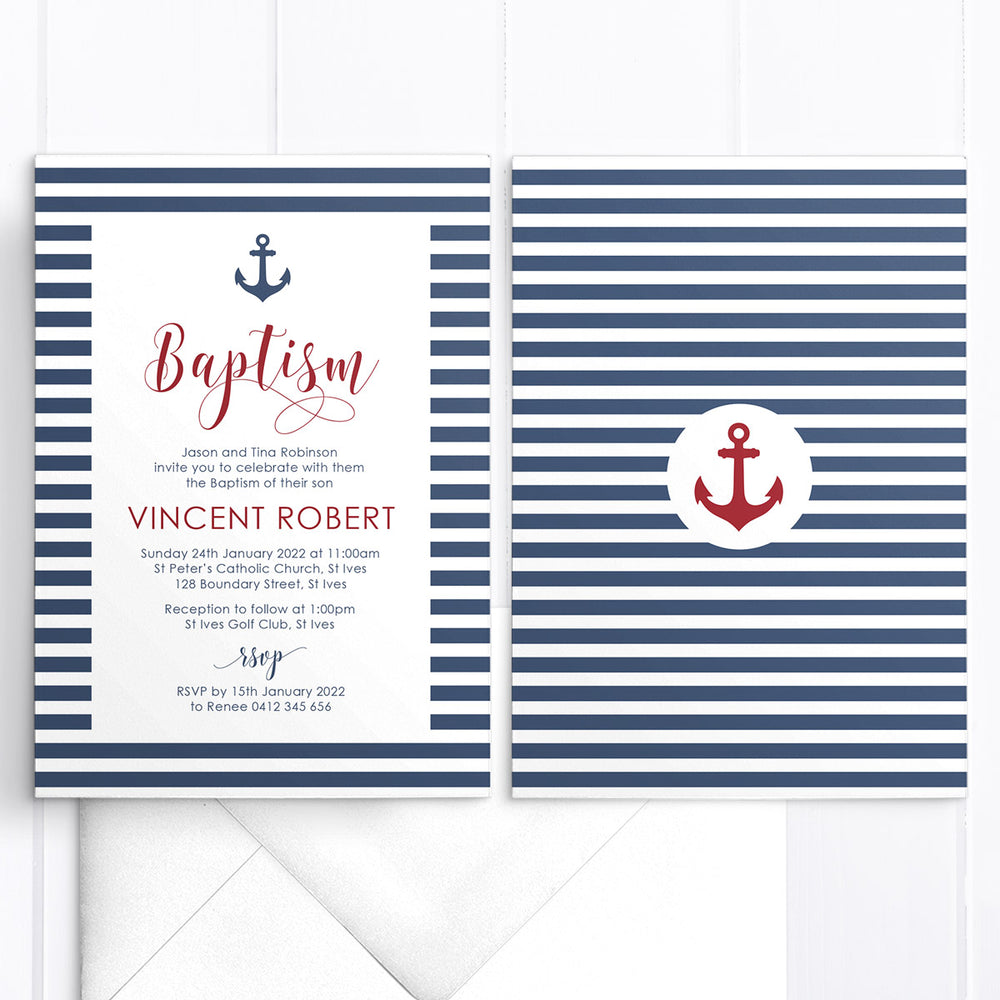 Boy Baptism or Christening invitation, Nautical style with anchor in navy blue, red and white. Printed in Australia or DIY printable invitations.