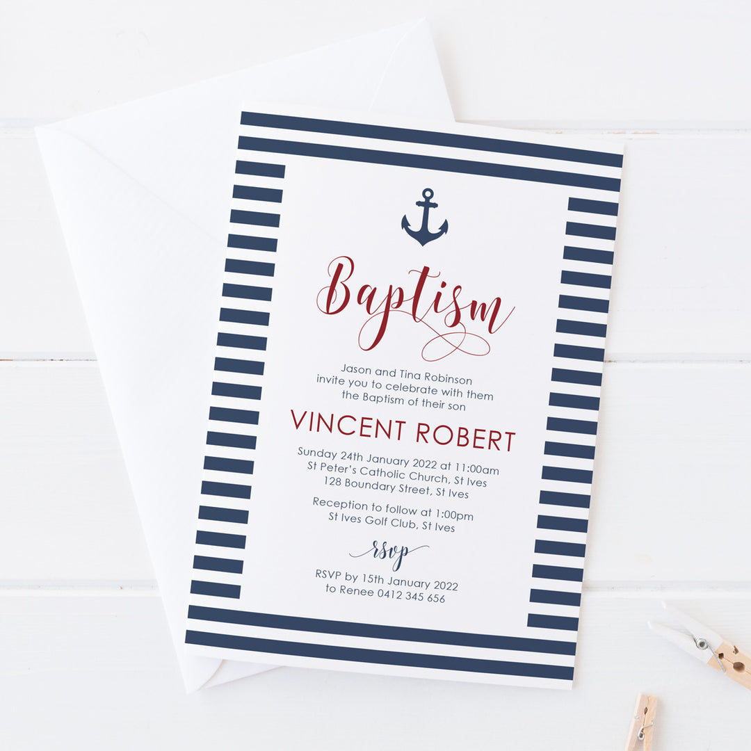 Boy Baptism or Christening invitation, Nautical style with anchor in navy blue, red and white. Printed in Australia or DIY printable invitations.