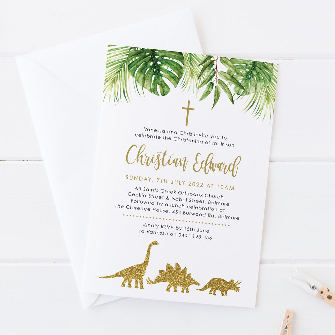 Dinosaur baptism or christening invitation with leafy monstera safari leaf border and glitter animals. Designed and printed in Australia or DIY Baptism Invitations.