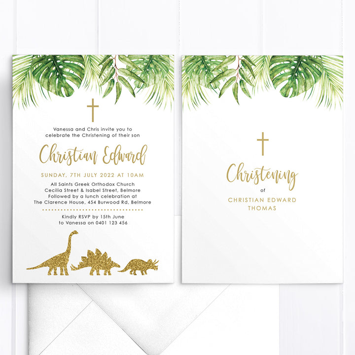 Dinosaur baptism or christening invitation with leafy monstera safari leaf border and glitter animals. Designed and printed in Australia or DIY Baptism Invitations.