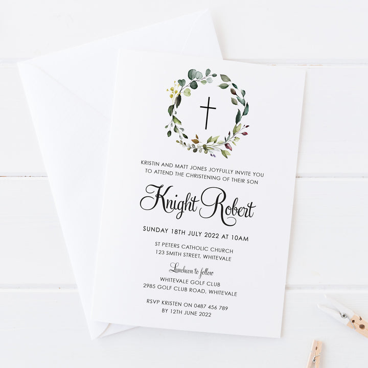 Boy or Girl Baptism or Christening invitation with leafy watercolour wreath and calligraphy font. Designed and printed in Australia. Or Print your own invitations.