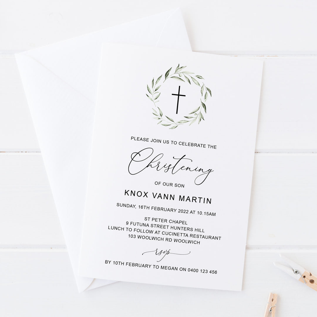 Minimal boy baptism or Christening invitation with greenery wreath and calligraphy font. Budget printable invitations Australia.