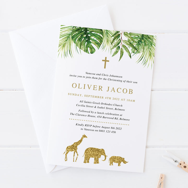 Boy Baptism or Christening invitation with safari animals in gold glitter and greenery border including monstera leaves. Single or double sided invitations Australia and New Zealand.