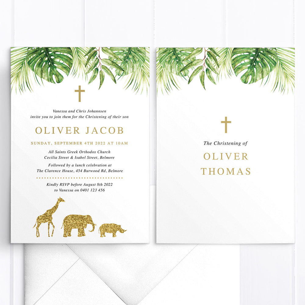 Boy Baptism or Christening invitation with safari animals in gold glitter and greenery border including monstera leaves. Single or double sided invitations Australia and New Zealand.