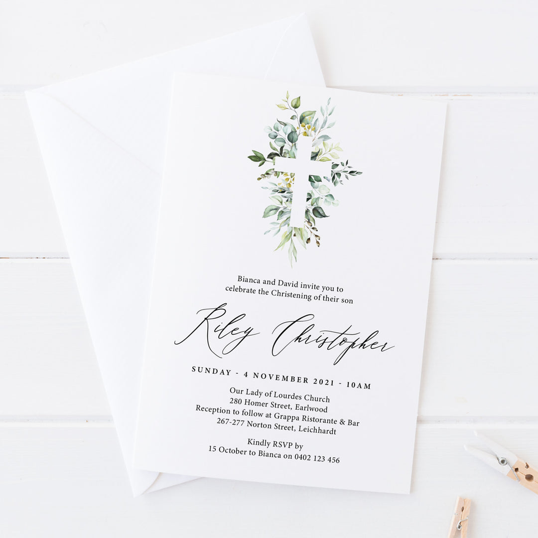 Boy Baptism and Christening invitation with beautiful detailed greenery cross and calligraphy for the name in black ink. Single or double sided invitations Australia and New Zealand.