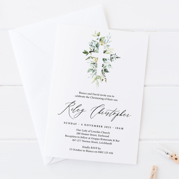 Boy Baptism and Christening invitation with beautiful detailed greenery cross and calligraphy for the name in black ink. Single or double sided invitations Australia and New Zealand.