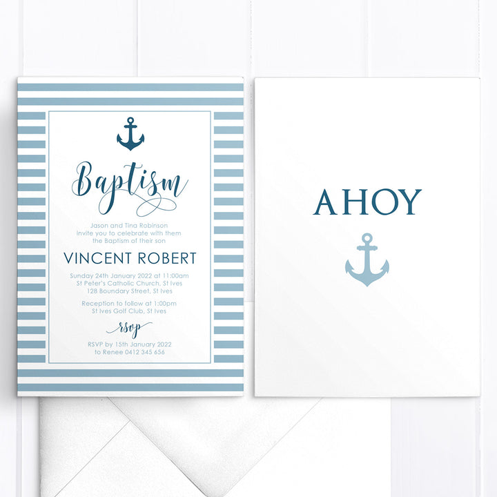Boy Baptism or Christening invitation, Nautical style with anchor in and colours of your choice. Printed in Australia or DIY printable invitations.