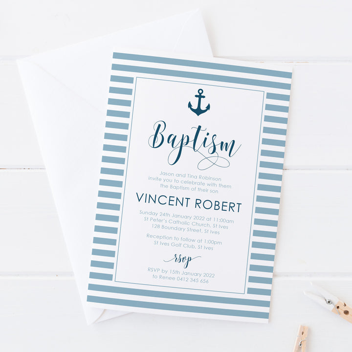 Boy Baptism or Christening invitation, Nautical style with anchor in and colours of your choice. Printed in Australia or DIY printable invitations.
