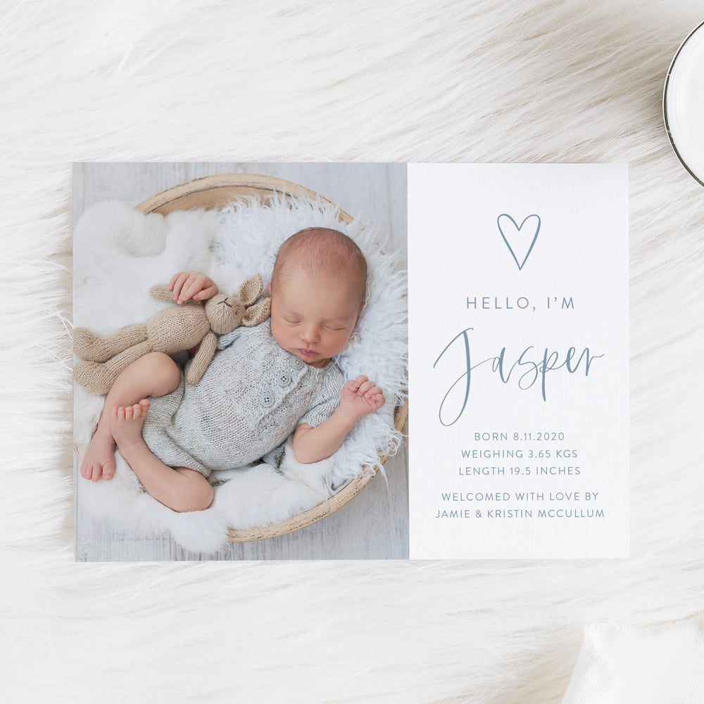 Baby boy photo birth announcement card with large photo of baby, hand drawn love heart and modern script font in baby blue