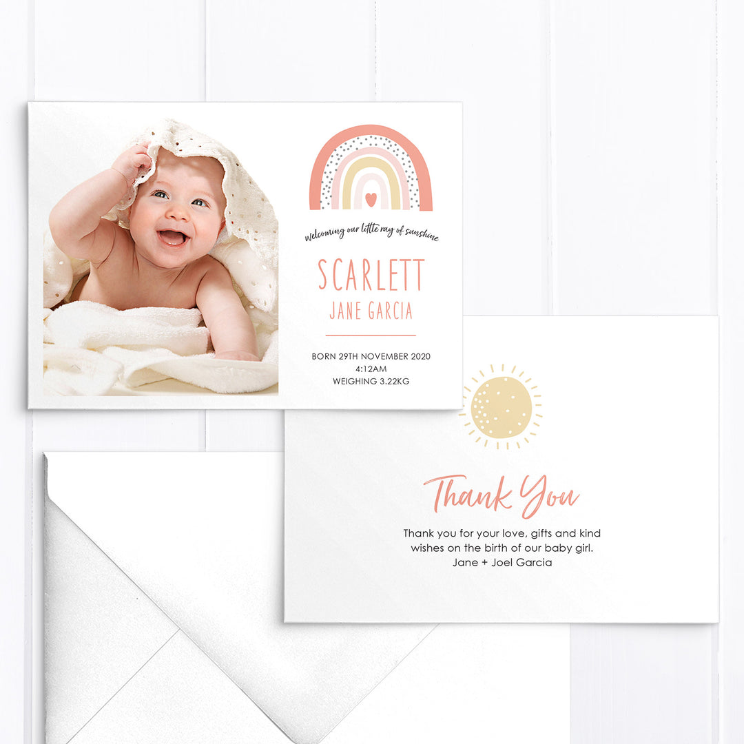 Cute baby girl photo birth announcement card designed single or double sided featuring pink multicolour boho rainbow