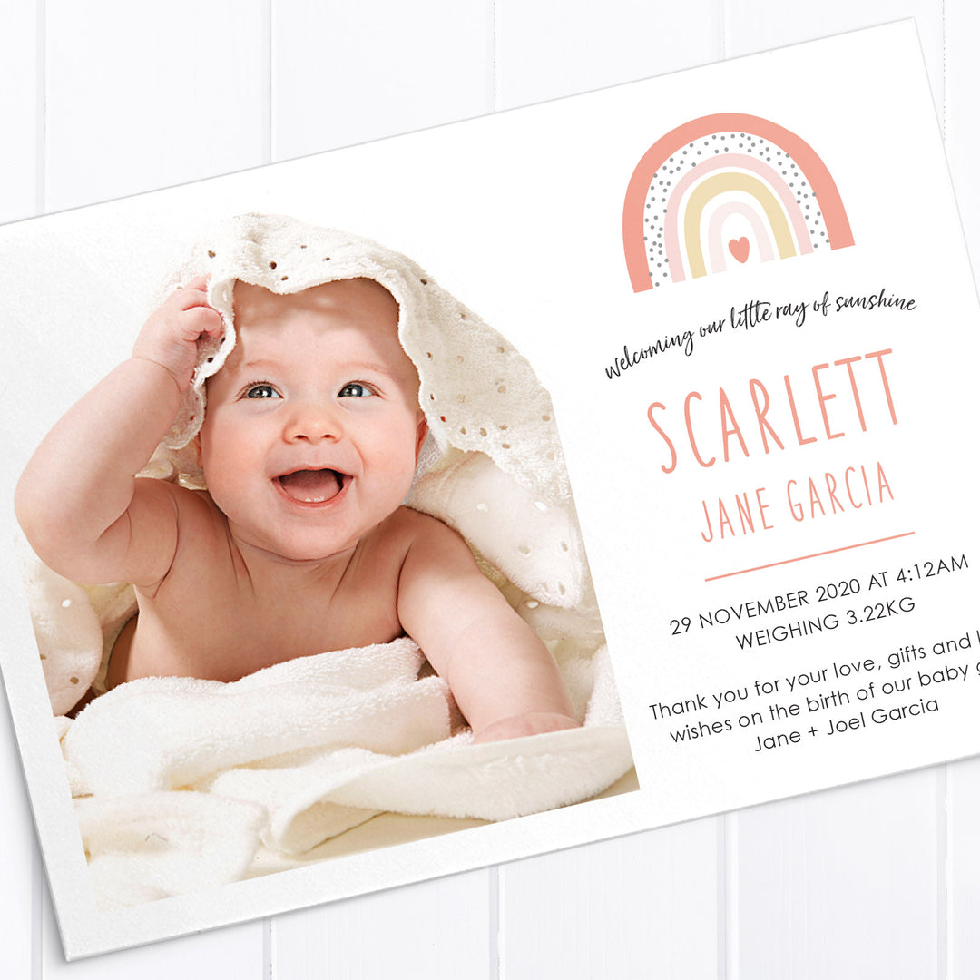 Cute baby girl photo birth announcement card designed single or double sided featuring pink multicolour boho rainbow