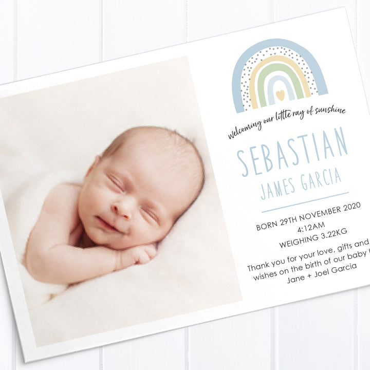 Cute baby boy photo birth announcement card designed single or double sided featuring multicolour boho rainbow