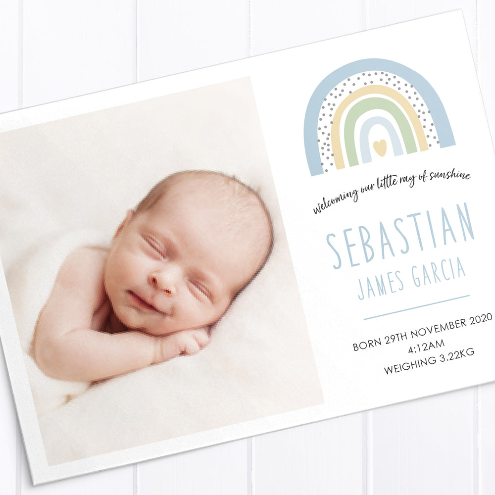 Cute baby boy photo birth announcement card designed single or double sided featuring multicolour boho rainbow