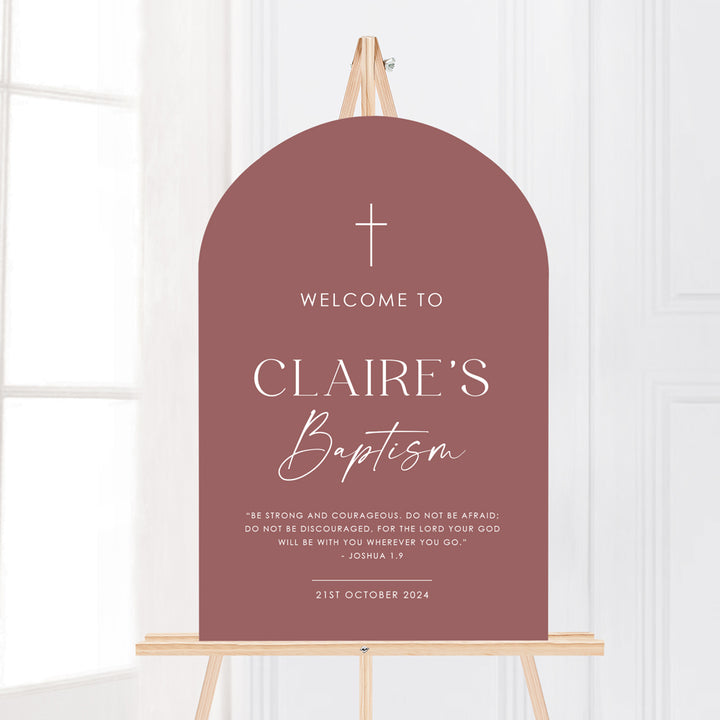 Modern arch shape christening welcome sign board designed and printed in Australia. Rose colour with white text. Minimal Baptism signs.