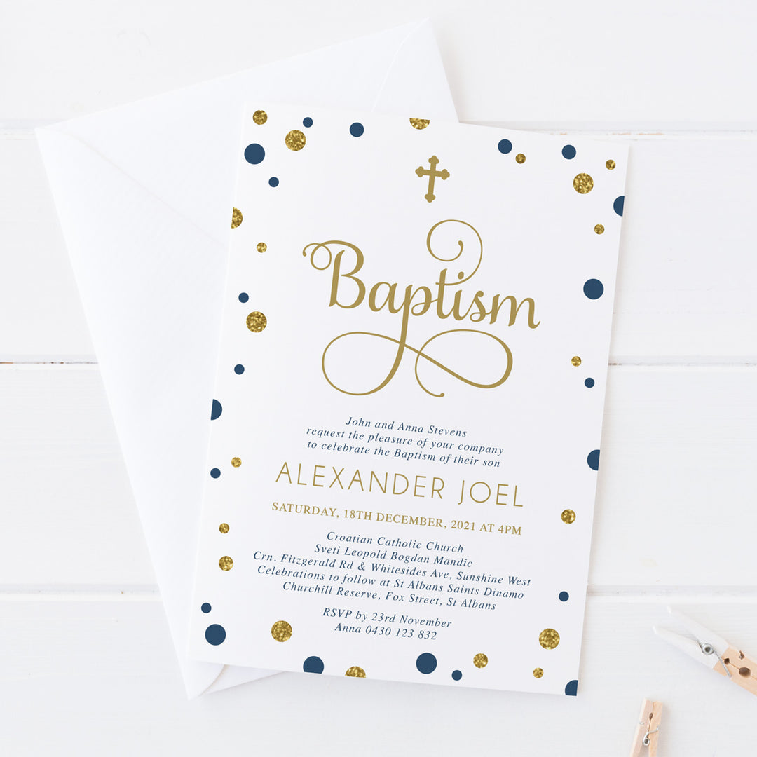 Boy Baptism invitation in navy blue and gold glitter. Large calligraphy heading and decorative cross. Printed in Australia.