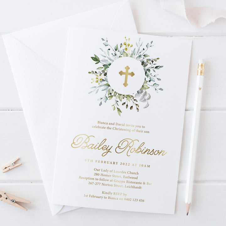 Boy Baptism or Christening invitation with gold foil or copper foil and greenery wreath. Printed in Australia.