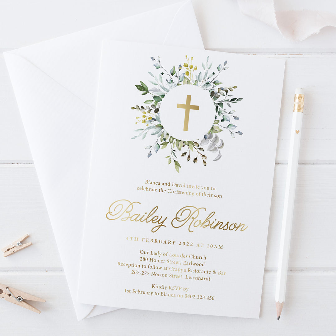 Boy Baptism or Christening invitation with gold foil or copper foil and greenery wreath. Printed in Australia.