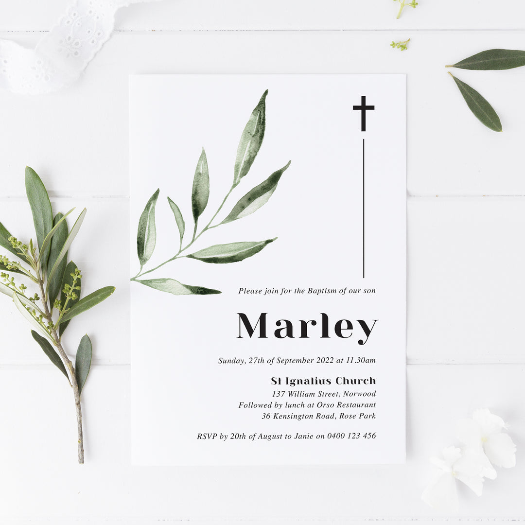 Modern Boy Christening, Baptism or Religious Celebration invitation with green olive leaf and bold typography for name. Designed in Australia. Printed or Budget printable invitations.