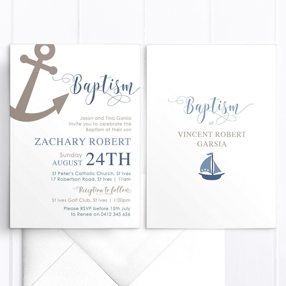 Nautical sailing boy baptism invitation with anchor and little boat, blue and brown. Printed in Australia.