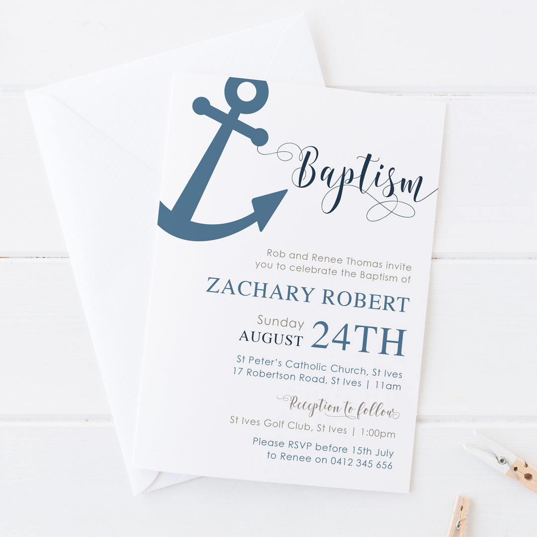 Nautical sailing boy baptism invitation with anchor and little boat, blue and brown. Printed in Australia.