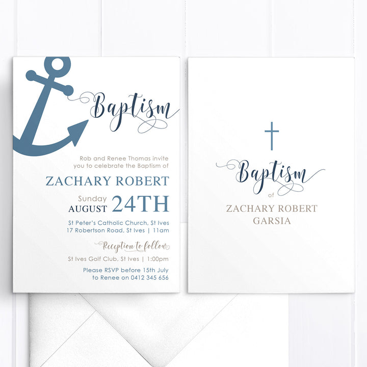 Nautical sailing boy baptism invitation with anchor and little boat, blue and brown. Printed in Australia.