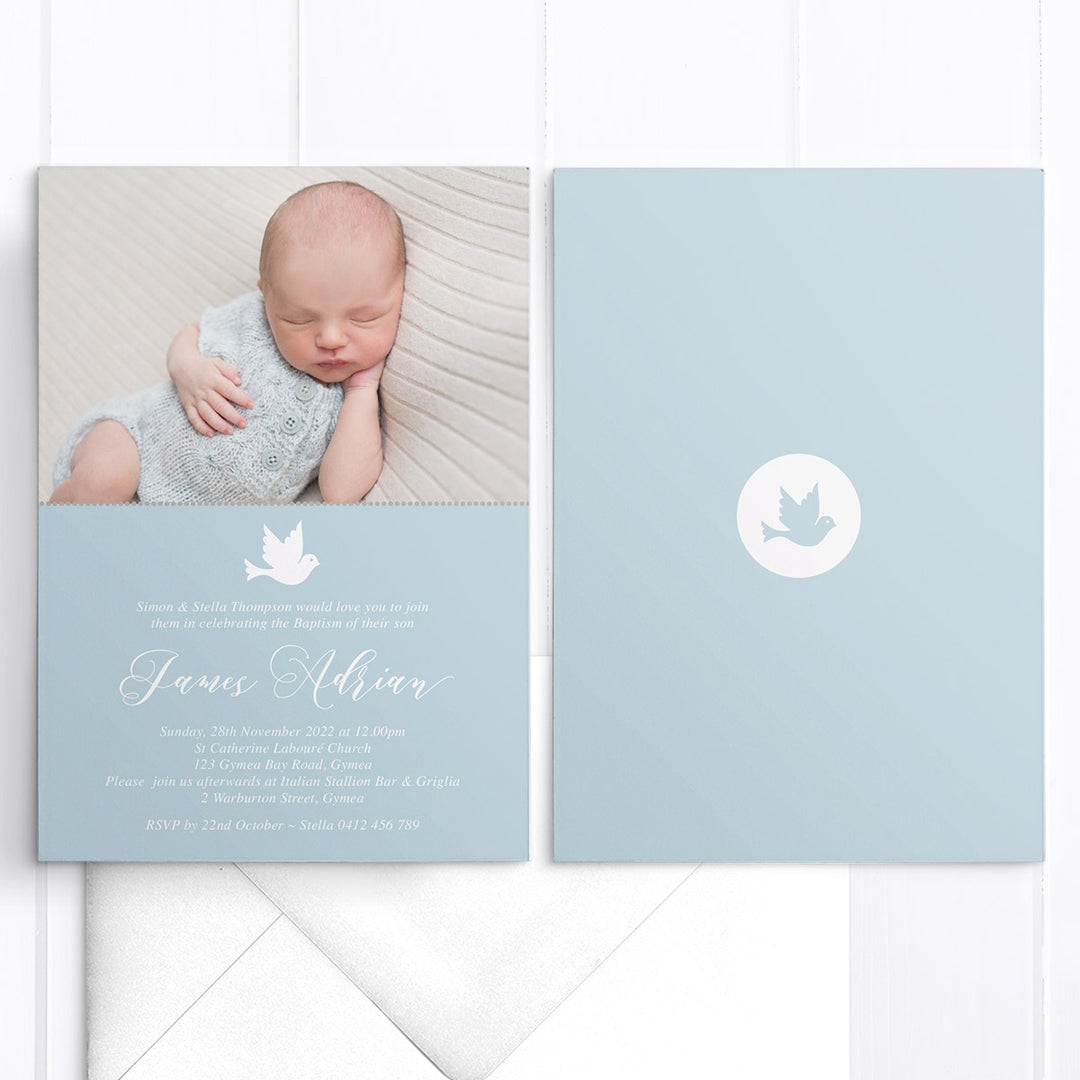 Boy photo Baptism or Christening invitation with cross or dove element, Single or double sided. Printable or professionally printed in Australia.