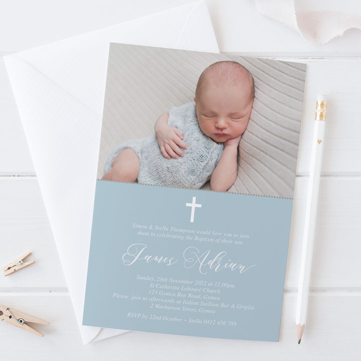 Boy photo Baptism or Christening invitation with cross or dove element, Single or double sided. Printable or professionally printed in Australia.