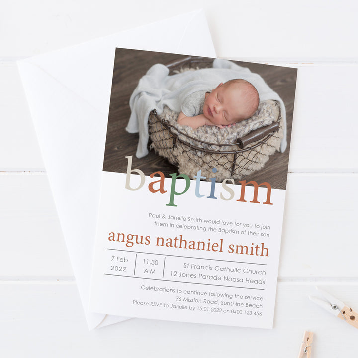 Boy Baptism or Christening invitation with photo. Designed and printed in Australia, or printable DIY Baptism invitation.