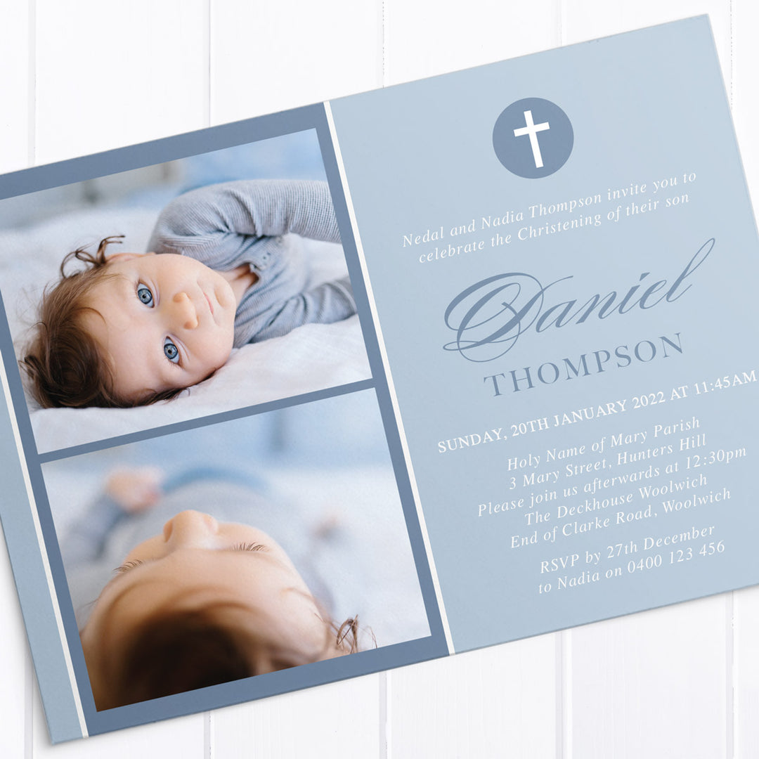 Boy Baptism invitation with 2 photos in blue and white. Printed in Australia or Print your own DIY Christening invitation.