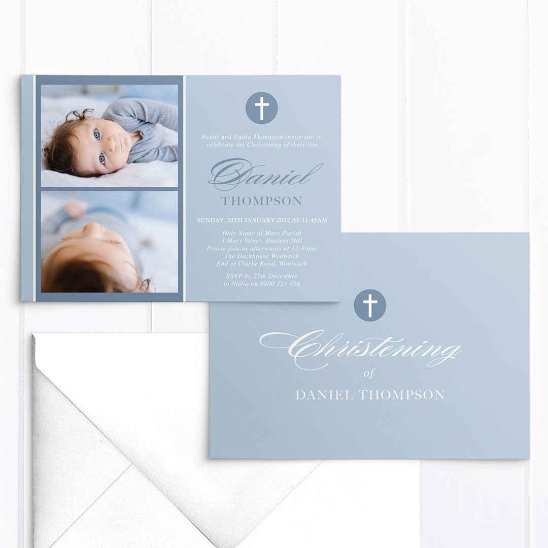 Boy Baptism invitation with 2 photos in blue and white. Printed in Australia or Print your own DIY Christening invitation.