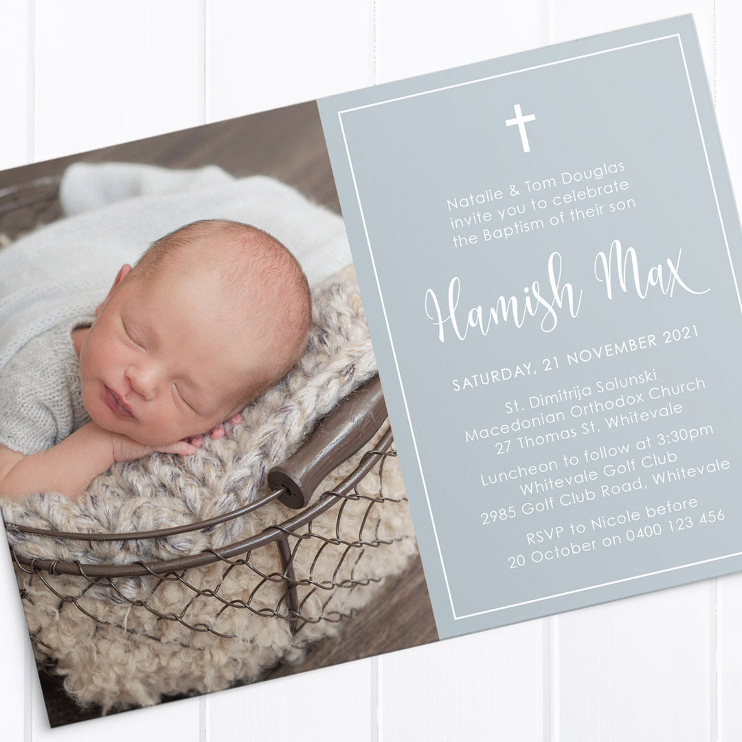 Boy photo baptism invitation with cross and modern font in soft duck egg blue. Formal invitation printed in Australia or DIY Baptism invitation.